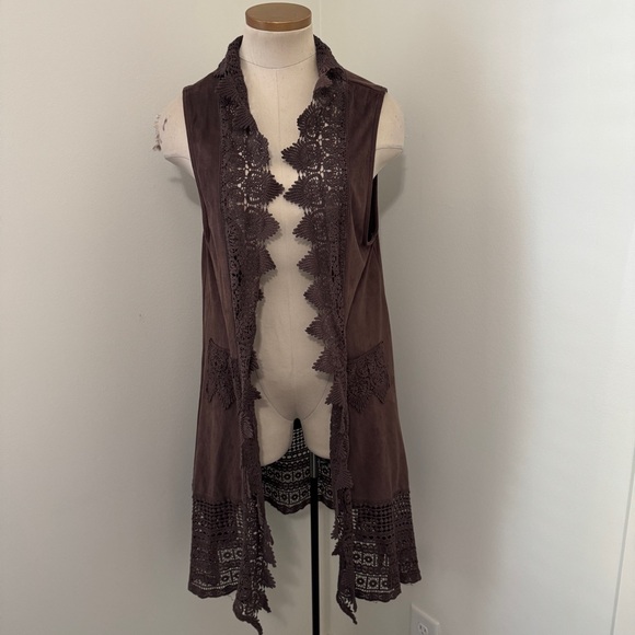 Umgee Tops - Umgee Large Brown Suede Lace Trim Duster Vest Kimono Cardigan Top ~ Boho Hippie